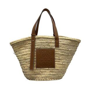 Auth LOEWE Basket - Beige Brown Palm Leaf Calf Leather Tote Bag